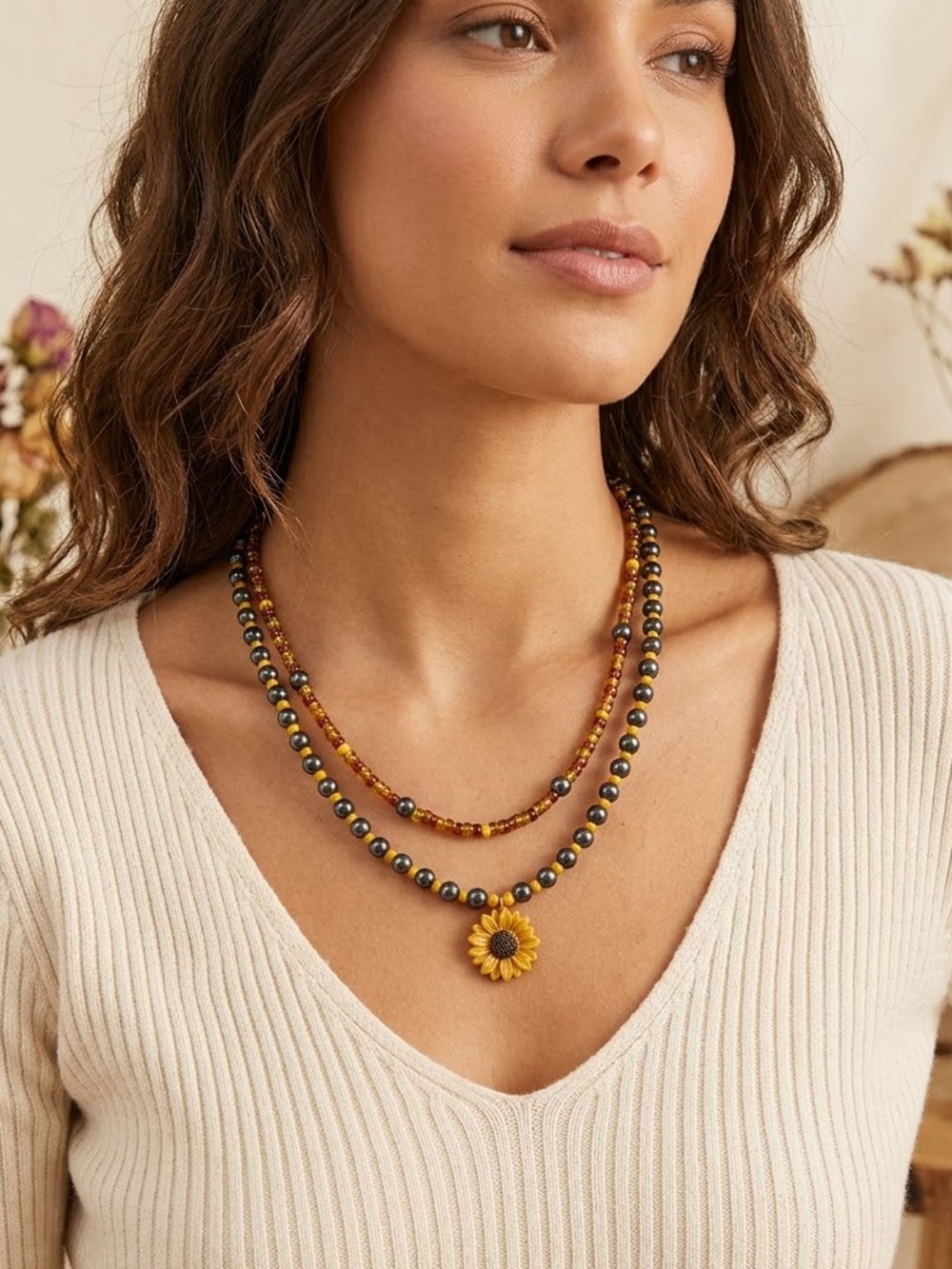 HANDMADE Sunflower Beaded Layered Necklace Cottagecore Upcycled 2-Strand Floral